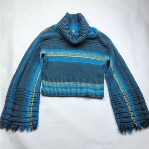 Free People Close To Me Sweater Turtleneck Cropped Bell Sleeve Blue Stripe Small